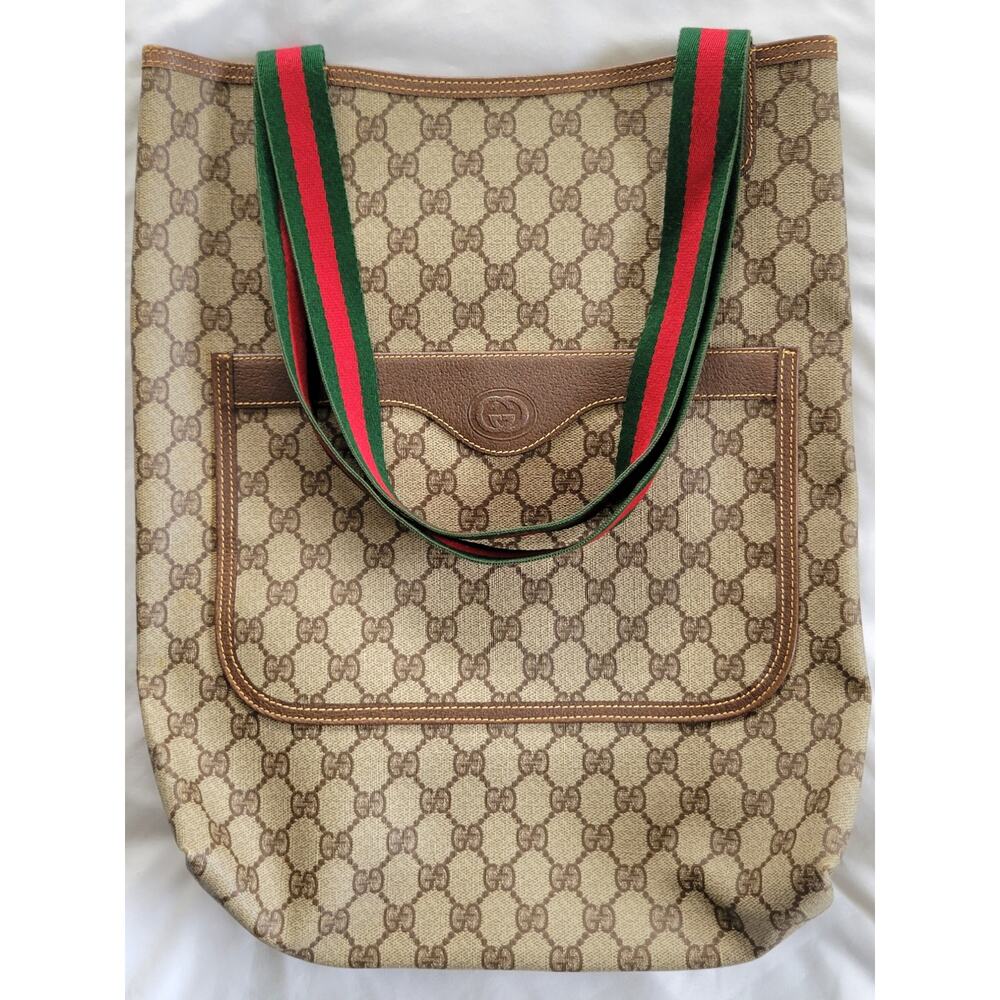 Vintage Gucci Sherry Line GG Brown/Beige PVC and Leather Tote/Shoulder Bag - Picture 4 of 16